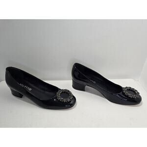 Poletto Charcoal Gray Patent Leather Heels Pumps Rhinestone Medallion Size 36